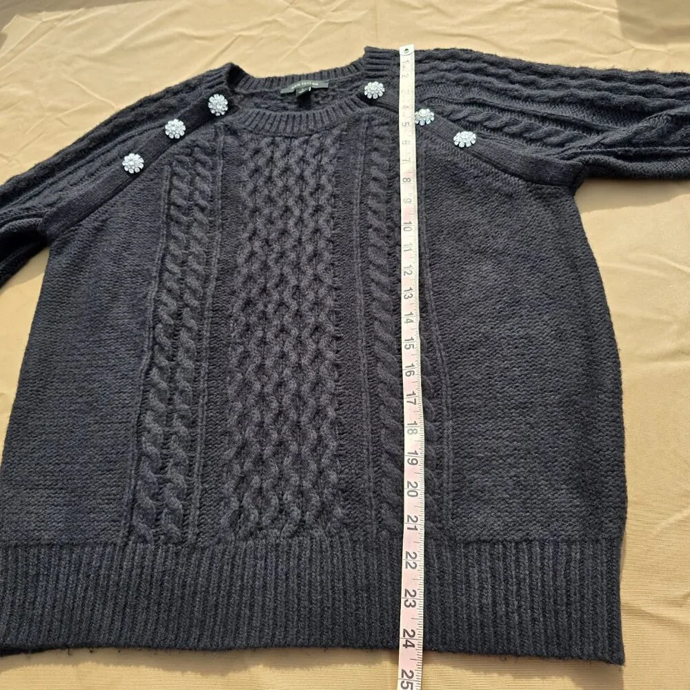 Ann Taylor Black cableknit Sweater with Rhinestone Floral Accent, size L, EUC - Picture 7 of 9